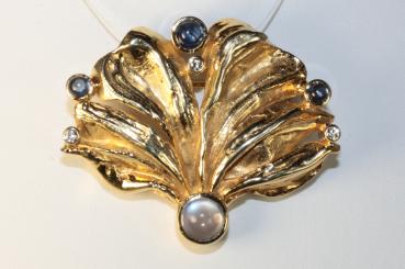Anhänger Brosche Brillanten Saphire und Mondstein Gold 585 